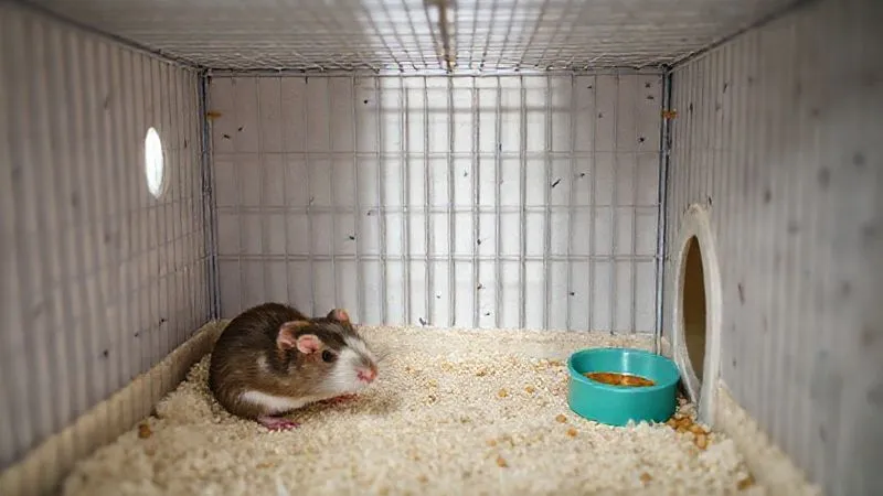 A photorealistic, professional photography, 8K, cinematic lighting, sharp focus, depth of field, shot on a high-end DSLR, of a clean, well-maintained rodent cage interior. The bedding is fresh, made of soft, low-dust paper-based material. There are clean food and water dishes, and a small, safe hideaway. The overall impression is one of hygiene and comfort, with soft, natural lighting. A photorealistic, professional photography, 8K, cinematic lighting, sharp focus, depth of field, shot on a high-end DSLR, of a clean, well-maintained rodent cage interior. The bedding is fresh, made of soft, low-dust paper-based material. There are clean food and water dishes, and a small, safe hideaway. The overall impression is one of hygiene and comfort, with soft, natural lighting.