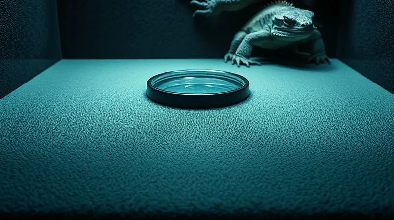 A photorealistic, professional photography, 8K, cinematic lighting, sharp focus, depth of field, shot on a high-end DSLR of a meticulously clean terrarium floor with a soft, uniform reptile carpet as substrate, featuring a gentle, low-gradient ramp leading to a shallow water dish. The focus is on the smooth, accessible surfaces designed for an elderly reptile's comfort.