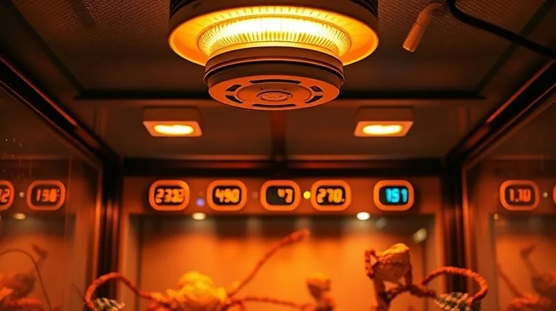 A photorealistic, professional photography, 8K, cinematic lighting, sharp focus, depth of field, shot on a high-end DSLR of a modern terrarium interior with a diffused UVB lamp and a ceramic heat emitter safely positioned above, casting a gentle, warm glow. Multiple digital thermometers are visible, showing a clear thermal gradient. The focus is on the safety and precision of the heating and lighting setup.