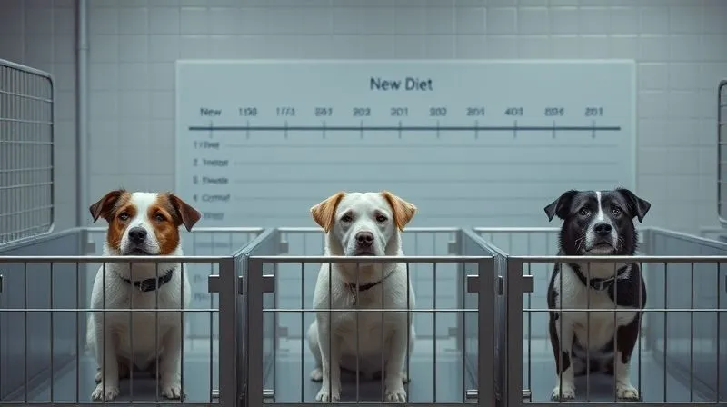 A photorealistic, professional photography, 8K, cinematic lighting, sharp focus, depth of field, shot on a high-end DSLR, depicting a scientific study setup. Three distinct groups of healthy, well-cared-for dogs are visible in separate, clean enclosures. One group is labeled 'New Diet', another 'Standard Diet', and the third 'Control'. A clear, subtle chart or diagram in the background shows a timeline with measurement points, emphasizing a structured experimental design. The overall mood is one of organized scientific rigor and animal welfare.