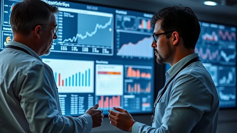 A photorealistic, professional photography, 8K, cinematic lighting, sharp focus, depth of field, shot on a high-end DSLR, depicting a veterinarian and a data scientist collaboratively analyzing complex graphs and statistical models on a large digital screen. The screen shows various charts like line graphs of weight change over time, bar charts of body composition, and scatter plots of metabolic markers, all indicating positive trends. The mood is one of serious scientific inquiry and discovery.