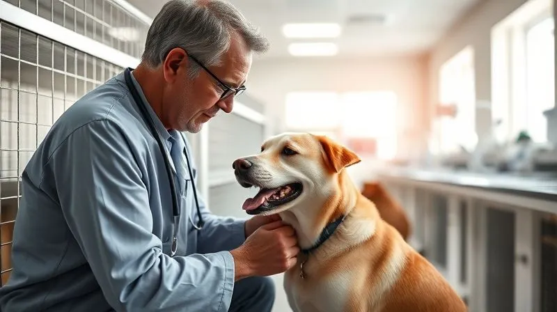 A photorealistic, professional photography, 8K, cinematic lighting, sharp focus, depth of field, shot on a high-end DSLR, showing a serene and clean animal research facility. A veterinarian gently interacts with a healthy, happy dog in a spacious, enriched enclosure. The emphasis is on humane treatment and well-being, with natural light, soft textures, and a calm atmosphere. Scientific equipment is present but in the background, signaling ethical research practices.