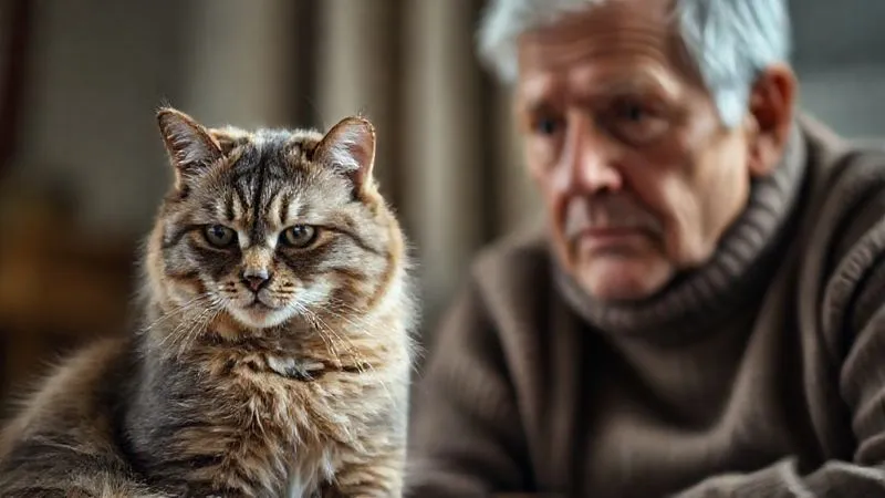 A photorealistic image of a thoughtful pet owner observing their elderly cat from a distance. The cat is sitting quietly, looking slightly withdrawn, with a subtle change in its fur texture. The owner's face shows concern and careful observation, with soft, natural lighting, sharp focus on the cat and owner, depth of field blurring the background, 8K hyper-detailed, shot on a high-end DSLR.