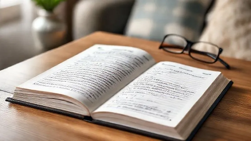 A photorealistic image of a detailed pet health journal open on a table, with a pen and a pair of reading glasses beside it. The journal pages show handwritten notes about an elderly dog's daily water intake, activity levels, and medication schedule. The background is softly blurred, showing a cozy home environment, cinematic lighting, sharp focus on the journal, depth of field, 8K hyper-detailed, shot on a high-end DSLR.