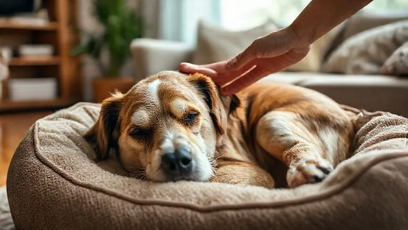 A photorealistic image of an elderly dog comfortably resting on a plush, orthopedic pet bed, looking serene and pain-free. A caring hand is gently petting its head. The setting is a warm, inviting living room with soft, cinematic lighting, sharp focus on the dog and hand, depth of field blurring the background, 8K hyper-detailed, shot on a high-end DSLR.