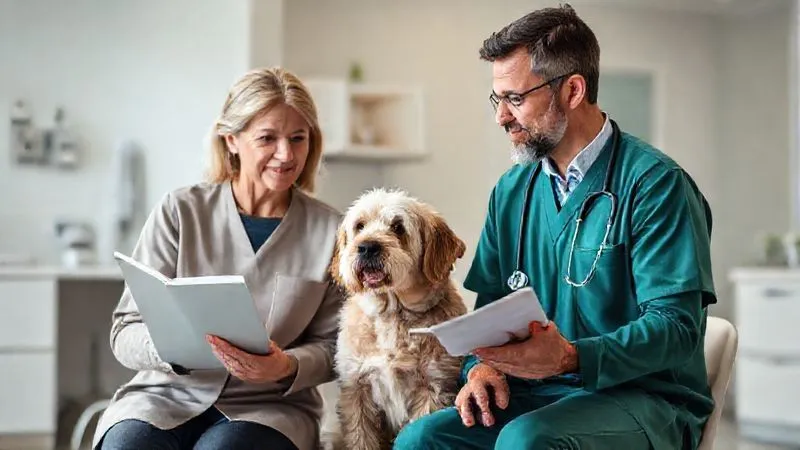 A photorealistic image of a caring pet owner having a detailed conversation with a professional veterinarian. The owner is holding a notebook (pet health journal) and pointing to notes, while the vet listens attentively, with a gentle, elderly dog sitting calmly between them. The clinic setting is clean and modern, with soft, professional lighting, sharp focus on the interaction, depth of field blurring the background, 8K hyper-detailed, shot on a high-end DSLR.