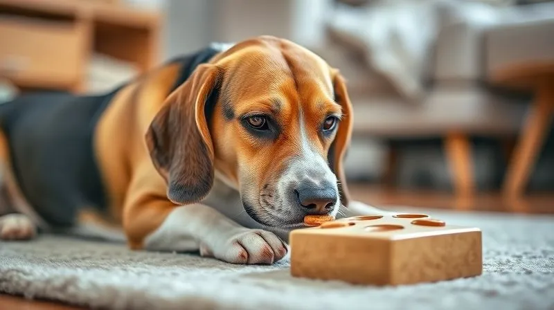 A photorealistic image of a gentle senior Beagle with a grey muzzle, lying comfortably on a soft rug, carefully nudging an easy-level puzzle toy with its nose to get a treat. The scene is brightly lit, showing a cozy indoor setting. 8K hyper-detailed, professional photography, sharp focus on the dog and toy, depth of field blurring the background.