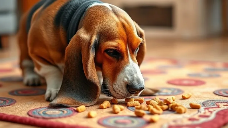 A photorealistic image of a senior Basset Hound, with its long ears dragging gently on a colorful snuffle mat, deeply engrossed in sniffing out hidden treats. The lighting is soft and inviting, emphasizing the dog's focused expression and the textures of the mat. 8K hyper-detailed, professional photography, sharp focus, depth of field blurring a home environment.