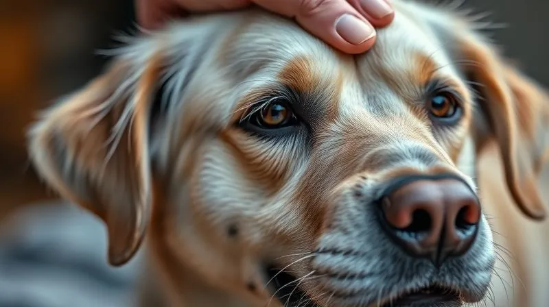 A photorealistic, close-up image of a senior dog's face, showing a mix of contentment and slight weariness, as an owner gently pets its head. The owner's hand is soft and reassuring. Cinematic lighting creates a warm, empathetic atmosphere. 8K hyper-detailed, professional photography, sharp focus on the dog's eyes, depth of field blurring the background.