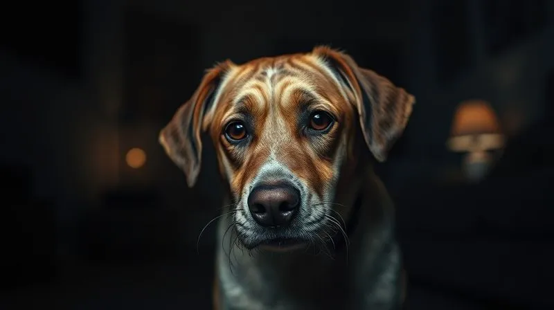 A photorealistic image of an elderly dog looking disoriented and slightly anxious in a dimly lit room at night, with subtle confusion in its eyes, professional photography, 8K, cinematic lighting, sharp focus, depth of field, shot on a high-end DSLR.