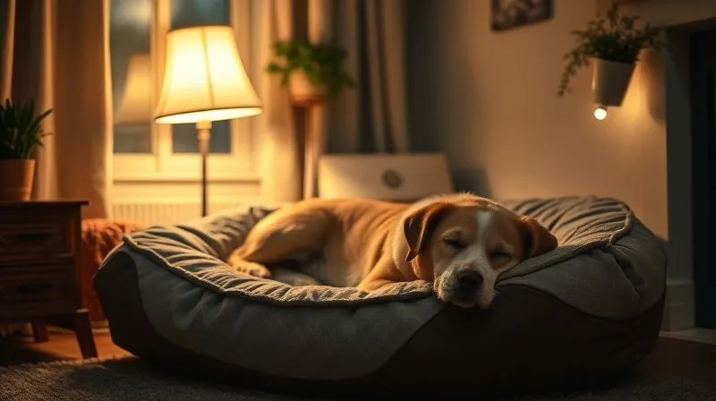 A photorealistic image of a cozy, well-lit corner in a home at night, with a comfortable, orthopedic dog bed, a soft glow from a night light, and a sleeping elderly dog looking peaceful, professional photography, 8K, cinematic lighting, sharp focus, depth of field, shot on a high-end DSLR.