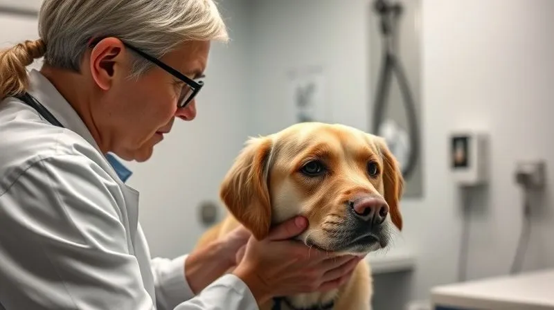 A photorealistic image of a veterinarian gently examining an elderly dog, with the owner looking on with concern but also trust, in a clean and professional clinic setting, professional photography, 8K, cinematic lighting, sharp focus, depth of field, shot on a high-end DSLR.