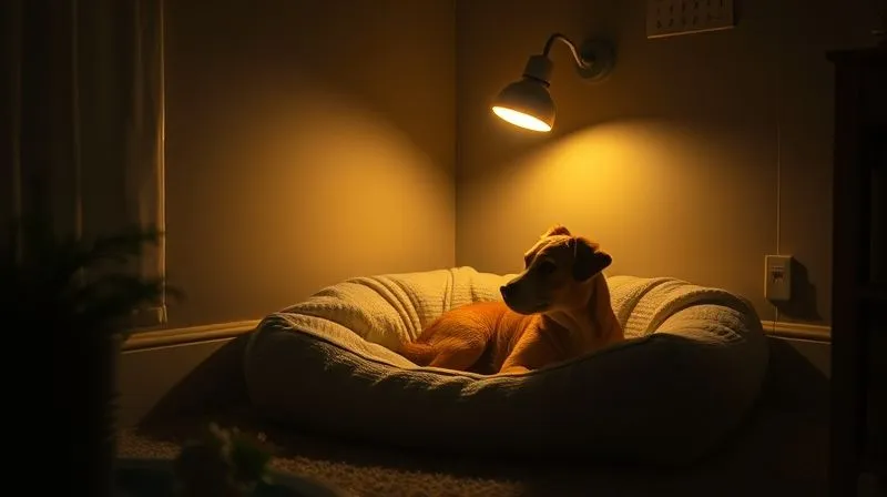 A photorealistic image of a cozy, dimly lit corner of a room at night, with a soft dog bed, a warm blanket, and a small, subtle night light emitting a gentle glow. The scene should convey a sense of peace and security, with soft shadows and a comforting atmosphere. 8K, professional photography, cinematic lighting, sharp focus on the bed, depth of field. A high-end DSLR shot. A photorealistic image of a cozy, dimly lit corner of a room at night, with a soft dog bed, a warm blanket, and a small, subtle night light emitting a gentle glow. The scene should convey a sense of peace and security, with soft shadows and a comforting atmosphere. 8K, professional photography, cinematic lighting, sharp focus on the bed, depth of field. A high-end DSLR shot.