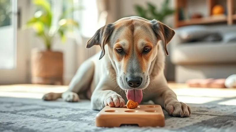 A photorealistic image of an elderly, happy dog with a gray muzzle, gently playing with a puzzle toy that dispenses treats on a sunny afternoon in a living room. The dog is focused and engaged, with soft, natural light illuminating the scene. Professional photography, 8K, sharp focus on the dog and toy, depth of field blurring the background. Shot on a high-end DSLR, conveying a sense of calm mental stimulation. A photorealistic image of an elderly, happy dog with a gray muzzle, gently playing with a puzzle toy that dispenses treats on a sunny afternoon in a living room. The dog is focused and engaged, with soft, natural light illuminating the scene. Professional photography, 8K, sharp focus on the dog and toy, depth of field blurring the background. Shot on a high-end DSLR, conveying a sense of calm mental stimulation.