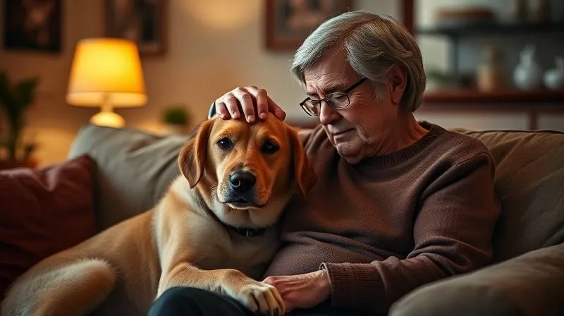 A photorealistic image of a compassionate pet owner gently stroking their elderly dog's head, both sitting on a sofa in a warm, inviting living room. The owner looks tired but loving, while the dog appears comforted. Soft, ambient lighting creates a peaceful atmosphere. Professional photography, 8K, cinematic lighting, sharp focus on the interaction, depth of field. High-end DSLR shot, emphasizing the bond and the quiet strength of caregiving. A photorealistic image of a compassionate pet owner gently stroking their elderly dog's head, both sitting on a sofa in a warm, inviting living room. The owner looks tired but loving, while the dog appears comforted. Soft, ambient lighting creates a peaceful atmosphere. Professional photography, 8K, cinematic lighting, sharp focus on the interaction, depth of field. High-end DSLR shot, emphasizing the bond and the quiet strength of caregiving.