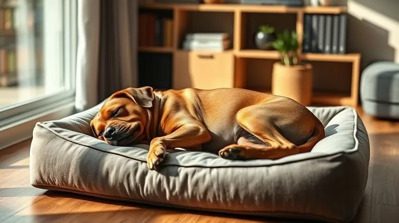 A photorealistic image of a medium-sized dog, a Labrador Retriever, sleeping soundly and fully stretched out on a perfectly sized, plush rectangular dog bed in a sunlit corner of a living room. The bed clearly accommodates its entire body. Cinematic lighting, sharp focus on the dog and bed, depth of field blurring the background. 8K hyper-detailed, professional photography, shot on a high-end DSLR.