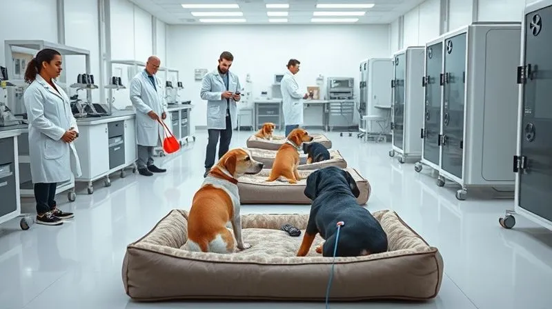 A photorealistic image of a modern, clean pet product testing facility. Technicians in lab coats are observing various dogs interacting with different dog beds, some with sensors attached. The environment is bright, organized, and scientifically focused. Cinematic lighting, sharp focus on the testing area, depth of field blurring the background equipment. 8K hyper-detailed, professional photography, shot on a high-end DSLR.
