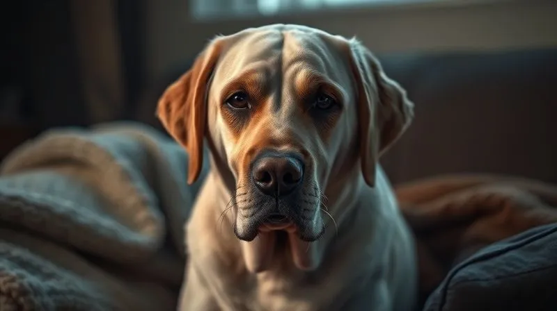 Photorealistic image of an elderly dog, perhaps a Labrador, looking slightly disoriented but with a soft, gentle expression. It is sitting in a comfortable, dimly lit room, with a warm blanket nearby. The lighting is cinematic, casting soft shadows, and the focus is sharp on the dog's face, with a shallow depth of field. 8K, professional photography, shot on a high-end DSLR. Photorealistic image of an elderly dog, perhaps a Labrador, looking slightly disoriented but with a soft, gentle expression. It is sitting in a comfortable, dimly lit room, with a warm blanket nearby. The lighting is cinematic, casting soft shadows, and the focus is sharp on the dog's face, with a shallow depth of field. 8K, professional photography, shot on a high-end DSLR.