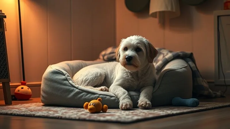 Photorealistic image of a cozy, designated corner for an elderly dog. It features a plush, orthopedic dog bed, soft blankets, and a few familiar, well-loved toys. The lighting is warm and dim, with a small, soft night light in the background. The floor is covered with a non-slip rug. The scene emphasizes comfort, safety, and tranquility. 8K, professional photography, cinematic lighting, sharp focus on the dog's space, depth of field. No text or logos. Photorealistic image of a cozy, designated corner for an elderly dog. It features a plush, orthopedic dog bed, soft blankets, and a few familiar, well-loved toys. The lighting is warm and dim, with a small, soft night light in the background. The floor is covered with a non-slip rug. The scene emphasizes comfort, safety, and tranquility. 8K, professional photography, cinematic lighting, sharp focus on the dog's space, depth of field. No text or logos.