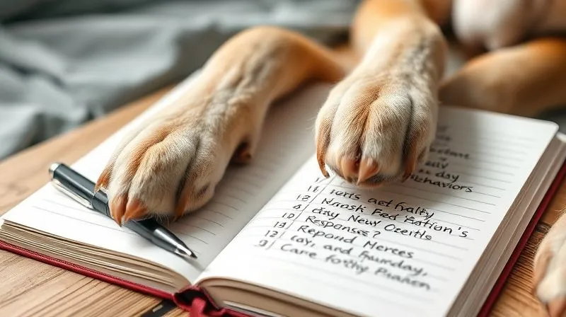 Photorealistic image of a detailed, open notebook with handwritten notes about a dog's daily behaviors and responses to care. A pen rests beside it, and an elderly dog's paw is gently resting on the edge of the notebook, symbolizing monitoring and interaction. The lighting is soft and natural, emphasizing thoughtfulness and care. 8K, professional photography, sharp focus on the notebook, depth of field. No text or logos. Photorealistic image of a detailed, open notebook with handwritten notes about a dog's daily behaviors and responses to care. A pen rests beside it, and an elderly dog's paw is gently resting on the edge of the notebook, symbolizing monitoring and interaction. The lighting is soft and natural, emphasizing thoughtfulness and care. 8K, professional photography, sharp focus on the notebook, depth of field. No text or logos.