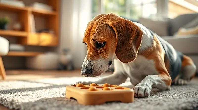 A photorealistic image of an elderly dog, a Beagle mix, gently interacting with a puzzle feeder toy on a soft rug in a sunlit living room. The dog is focused, using its nose to solve the puzzle. Professional photography, warm natural light, sharp focus on the dog and toy, depth of field blurring the background. 8K hyper-detailed, shot on a high-end DSLR. A photorealistic image of an elderly dog, a Beagle mix, gently interacting with a puzzle feeder toy on a soft rug in a sunlit living room. The dog is focused, using its nose to solve the puzzle. Professional photography, warm natural light, sharp focus on the dog and toy, depth of field blurring the background. 8K hyper-detailed, shot on a high-end DSLR.