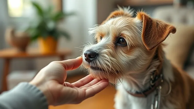 A photorealistic image of an elderly dog, a small terrier mix, calmly taking a small treat with a hidden pill from its owner's hand. The owner's hand is gentle, and the dog looks trusting. Soft, warm indoor lighting, sharp focus on the interaction, depth of field blurring the cozy home background. 8K hyper-detailed, shot on a high-end DSLR. A photorealistic image of an elderly dog, a small terrier mix, calmly taking a small treat with a hidden pill from its owner's hand. The owner's hand is gentle, and the dog looks trusting. Soft, warm indoor lighting, sharp focus on the interaction, depth of field blurring the cozy home background. 8K hyper-detailed, shot on a high-end DSLR.