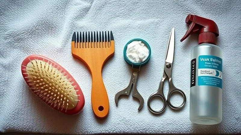 A photorealistic image of a neatly organized grooming kit for cats, featuring a soft brush, a wide-tooth comb, rounded-tip scissors, a small container of cornstarch, and a bottle of pet-safe detangling spray, all laid out on a clean, soft towel in warm, cinematic lighting. 8K hyper-detailed, professional photography, shot on a high-end DSLR. A photorealistic image of a neatly organized grooming kit for cats, featuring a soft brush, a wide-tooth comb, rounded-tip scissors, a small container of cornstarch, and a bottle of pet-safe detangling spray, all laid out on a clean, soft towel in warm, cinematic lighting. 8K hyper-detailed, professional photography, shot on a high-end DSLR.