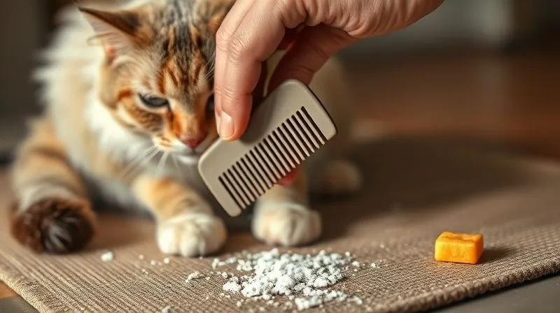 A photorealistic image of a gentle hand carefully using a wide-tooth comb to work through a small, manageable mat on an elderly cat's fur, with a small amount of cornstarch visible on the mat. The cat appears calm and accepting, perhaps enjoying a treat in the background. Cinematic lighting, sharp focus on the grooming action, depth of field blurring other elements. 8K hyper-detailed, professional photography, shot on a high-end DSLR. A photorealistic image of a gentle hand carefully using a wide-tooth comb to work through a small, manageable mat on an elderly cat's fur, with a small amount of cornstarch visible on the mat. The cat appears calm and accepting, perhaps enjoying a treat in the background. Cinematic lighting, sharp focus on the grooming action, depth of field blurring other elements. 8K hyper-detailed, professional photography, shot on a high-end DSLR.