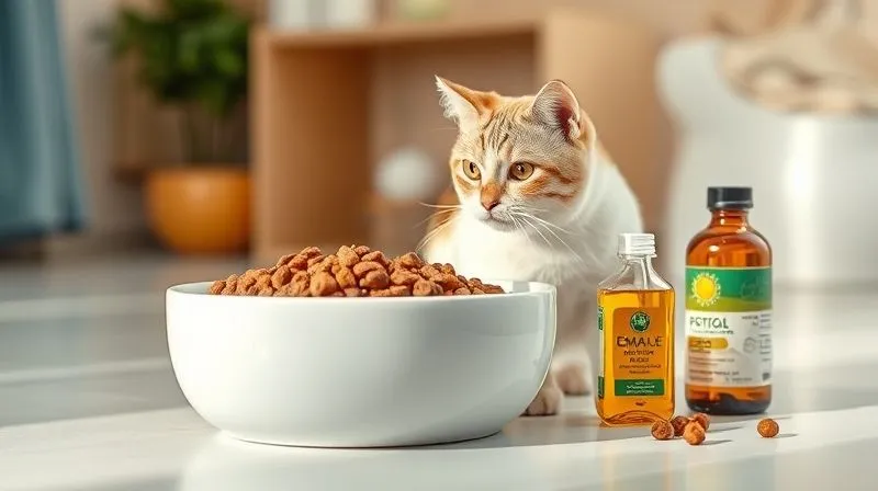 A photorealistic image of a bowl of high-quality cat food enriched with omega-3 and omega-6, alongside a small bottle of fish oil supplement, all presented in a clean, modern pet care setting with soft, natural lighting. 8K hyper-detailed, professional photography, shot on a high-end DSLR. A photorealistic image of a bowl of high-quality cat food enriched with omega-3 and omega-6, alongside a small bottle of fish oil supplement, all presented in a clean, modern pet care setting with soft, natural lighting. 8K hyper-detailed, professional photography, shot on a high-end DSLR.