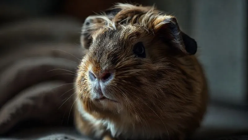 Photorealistic, professional photography, 8K, cinematic lighting, sharp focus, depth of field, shot on a high-end DSLR. A close-up, empathetic portrait of an elderly guinea pig with slightly dull fur, looking contemplative but not distressed, in a dimly lit, soft environment. The image should subtly convey the fragility and wisdom of age, with a focus on its expressive eyes, suggesting the internal physiological changes it's experiencing. Photorealistic, professional photography, 8K, cinematic lighting, sharp focus, depth of field, shot on a high-end DSLR. A close-up, empathetic portrait of an elderly guinea pig with slightly dull fur, looking contemplative but not distressed, in a dimly lit, soft environment. The image should subtly convey the fragility and wisdom of age, with a focus on its expressive eyes, suggesting the internal physiological changes it's experiencing.