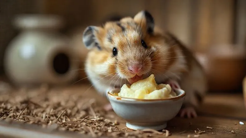 Photorealistic, professional photography, 8K, cinematic lighting, sharp focus, depth of field, shot on a high-end DSLR. A close-up of an elderly dwarf hamster carefully eating a small dollop of mashed sweet potato from a tiny, clean ceramic dish. The focus is on the soft texture of the food and the hamster's delicate movements, with a blurred background of a cozy, enriching enclosure. Photorealistic, professional photography, 8K, cinematic lighting, sharp focus, depth of field, shot on a high-end DSLR. A close-up of an elderly dwarf hamster carefully eating a small dollop of mashed sweet potato from a tiny, clean ceramic dish. The focus is on the soft texture of the food and the hamster's delicate movements, with a blurred background of a cozy, enriching enclosure.