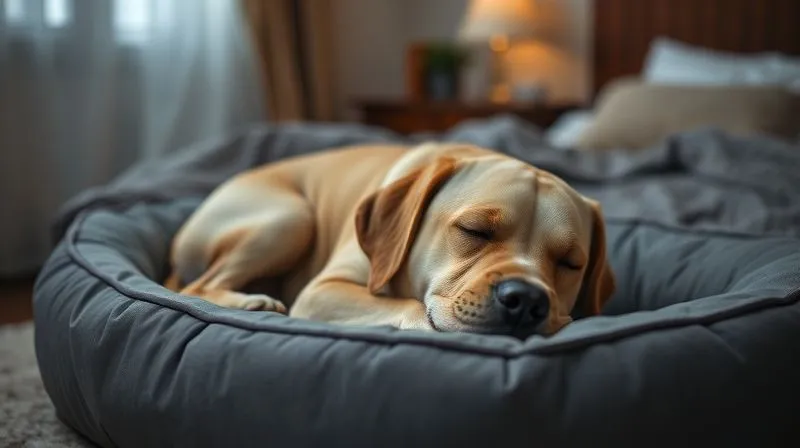 A photorealistic image of an elderly dog, possibly a Labrador, sleeping soundly and comfortably on a specially designed, waterproof dog bed inside a cozy bedroom at night. The bed is clean and dry, implying effective management of incontinence. Soft, warm ambient lighting. Sharp focus on the dog's peaceful expression, with a slight depth of field blurring the background. Shot on a high-end DSLR, 8K, cinematic lighting, professional photography.