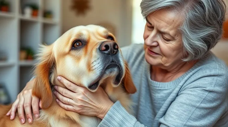 A photorealistic image of an elderly woman gently comforting her senior Golden Retriever dog, who is looking up at her with a slightly worried but trusting expression. The scene is warm and empathetic, emphasizing the emotional bond and the owner's understanding. Soft, natural lighting. Sharp focus on the interaction, with a blurred home background. Shot on a high-end DSLR, 8K, cinematic lighting, professional photography.