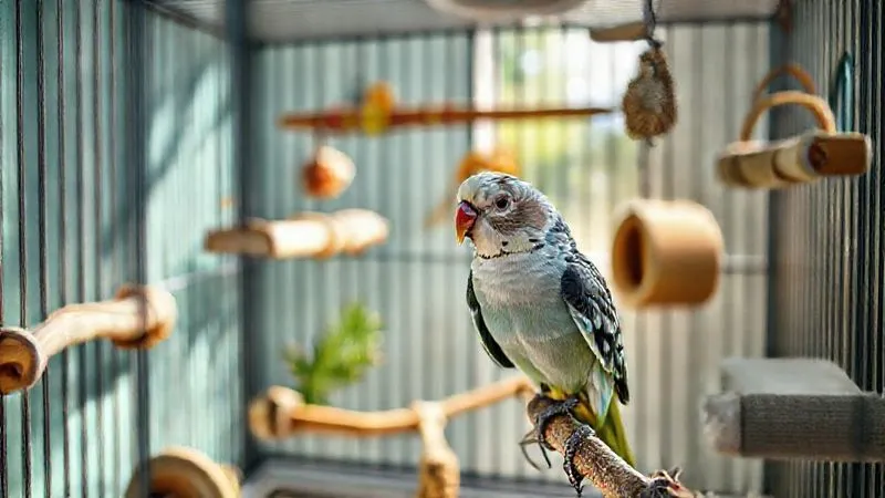 A photorealistic, professional photography image of a cozy and enriching bird cage for an elderly parrot. The cage is spacious, with natural light streaming in. It features varied perches at different heights, easy-to-access foraging toys, a shallow bird bath, and soft fabric elements. A gentle, elderly cockatiel is visible, calmly exploring a new toy. Cinematic lighting, sharp focus on the bird, depth of field. 8K, shot on a high-end DSLR. A photorealistic, professional photography image of a cozy and enriching bird cage for an elderly parrot. The cage is spacious, with natural light streaming in. It features varied perches at different heights, easy-to-access foraging toys, a shallow bird bath, and soft fabric elements. A gentle, elderly cockatiel is visible, calmly exploring a new toy. Cinematic lighting, sharp focus on the bird, depth of field. 8K, shot on a high-end DSLR.