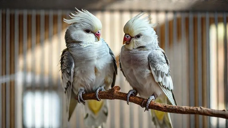 A photorealistic image of two elderly cockatiels, one slightly older and calmer, gently preening each other's feathers while perched on a natural branch inside a spacious, well-lit cage. The interaction is tender and affectionate, conveying companionship. Cinematic lighting, sharp focus on the birds, depth of field. Professional photography, 8K, shot on a high-end DSLR. A photorealistic image of two elderly cockatiels, one slightly older and calmer, gently preening each other's feathers while perched on a natural branch inside a spacious, well-lit cage. The interaction is tender and affectionate, conveying companionship. Cinematic lighting, sharp focus on the birds, depth of field. Professional photography, 8K, shot on a high-end DSLR.