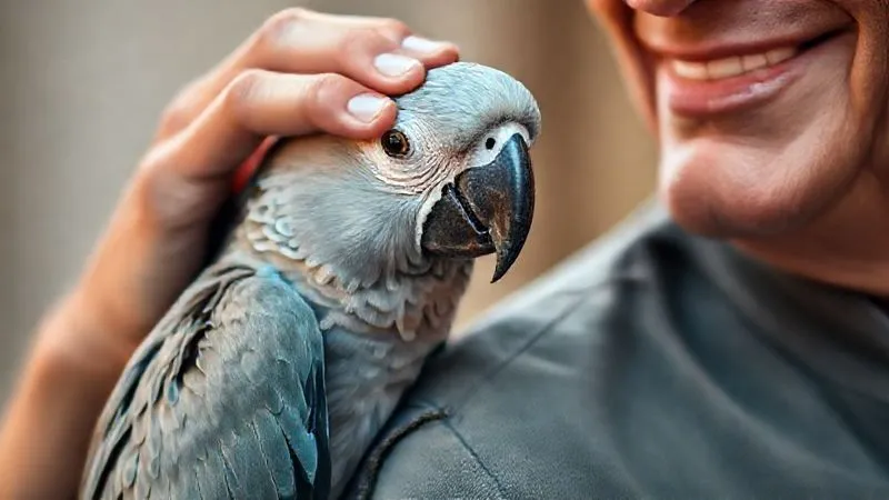 A photorealistic image of a human hand gently caressing the head of an elderly parrot, which is perched on a shoulder. The bird's eyes are calm and trusting, reflecting a strong bond. The human is smiling softly, indicating care and affection. Soft, warm cinematic lighting, sharp focus on the bird and interaction, depth of field. Professional photography, 8K, shot on a high-end DSLR. A photorealistic image of a human hand gently caressing the head of an elderly parrot, which is perched on a shoulder. The bird's eyes are calm and trusting, reflecting a strong bond. The human is smiling softly, indicating care and affection. Soft, warm cinematic lighting, sharp focus on the bird and interaction, depth of field. Professional photography, 8K, shot on a high-end DSLR.