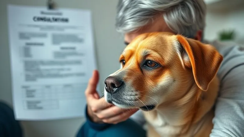 A photorealistic, professional photography, 8K, cinematic lighting, sharp focus, depth of field, shot on a high-end DSLR of a concerned pet owner gently examining their senior dog, who looks slightly disoriented, with a veterinary consultation form in the background.