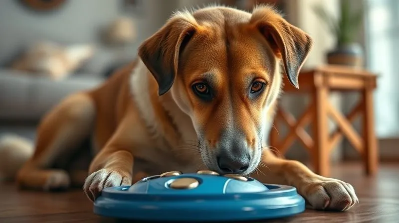 A photorealistic, professional photography, 8K, cinematic lighting, sharp focus, depth of field, shot on a high-end DSLR of a senior dog calmly engaging with a puzzle feeder toy, its eyes focused on the task, in a cozy, well-lit indoor environment.