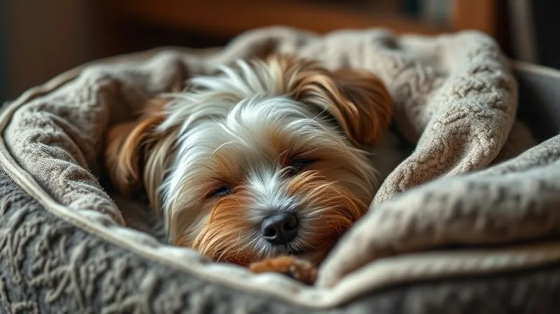 A photorealistic, professional photography, 8K, cinematic lighting, sharp focus, depth of field, shot on a high-end DSLR of a small, scruffy senior terrier dog (like a Cairn or Jack Russell) sleeping soundly and peacefully in its dog bed, with a soft blanket draped over it, bathed in warm, gentle light.