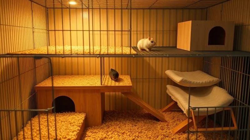 A photorealistic, professional photography of a multi-level rodent cage adapted for an elderly pet. It features wide, gentle ramps instead of steep ladders, soft bedding, and accessible hideouts. The lighting is warm and inviting, highlighting the thoughtful adaptations. Shot on a high-end DSLR, 8K, cinematic lighting, sharp focus, depth of field.