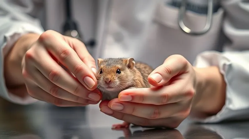A photorealistic, professional photography of a veterinarian gently examining an elderly small rodent, possibly checking its teeth or joints. The scene is calm, with soft, clinical lighting, emphasizing care and expertise. Sharp focus on the vet's hands and the rodent. Shot on a high-end DSLR, 8K, cinematic lighting, depth of field.