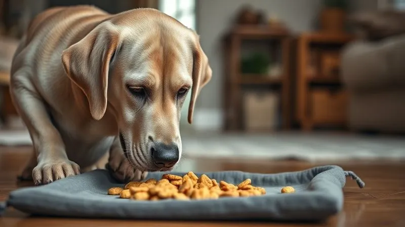Photorealistic, professional photography, 8K, cinematic lighting, sharp focus, depth of field, shot on a high-end DSLR. A senior Labrador retriever, grey around the muzzle, looking curiously at a snuffle mat filled with treats, in a softly lit indoor environment, showing gentle engagement and curiosity. The background is a cozy home setting, slightly blurred. Photorealistic, professional photography, 8K, cinematic lighting, sharp focus, depth of field, shot on a high-end DSLR. A senior Labrador retriever, grey around the muzzle, looking curiously at a snuffle mat filled with treats, in a softly lit indoor environment, showing gentle engagement and curiosity. The background is a cozy home setting, slightly blurred.