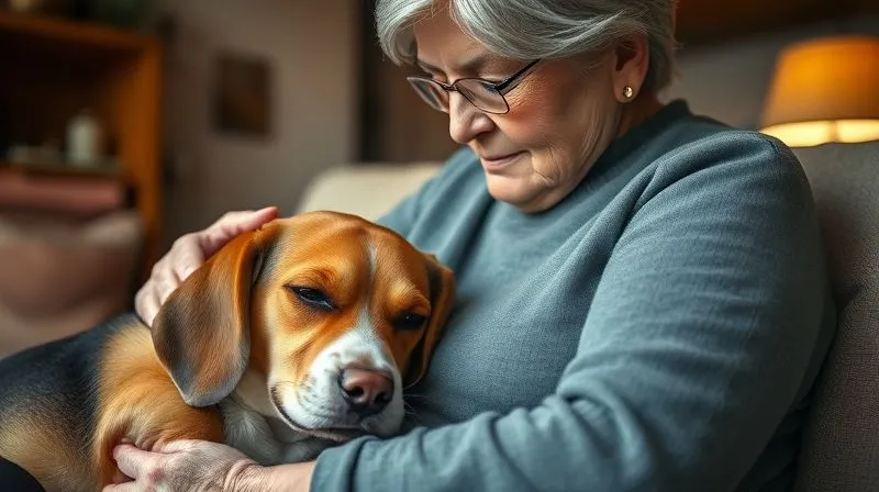 Photorealistic, professional photography, 8K, cinematic lighting, sharp focus, depth of field, shot on a high-end DSLR. A loving senior woman gently petting her calm, contented senior beagle, who is resting its head on her lap. The scene is bathed in warm, soft light, highlighting the deep emotional bond between them. The focus is on their interaction, with a cozy home background. Photorealistic, professional photography, 8K, cinematic lighting, sharp focus, depth of field, shot on a high-end DSLR. A loving senior woman gently petting her calm, contented senior beagle, who is resting its head on her lap. The scene is bathed in warm, soft light, highlighting the deep emotional bond between them. The focus is on their interaction, with a cozy home background.