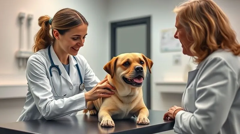 Photorealistic, professional photography, 8K, cinematic lighting, sharp focus, depth of field, shot on a high-end DSLR. A gentle female veterinarian attentively examining a calm senior dog on an examination table, with the dog's owner looking on with a reassuring expression. The clinic setting is clean and well-lit, conveying trust and professional care. Focus is on the vet and dog, with a blurred background. Photorealistic, professional photography, 8K, cinematic lighting, sharp focus, depth of field, shot on a high-end DSLR. A gentle female veterinarian attentively examining a calm senior dog on an examination table, with the dog's owner looking on with a reassuring expression. The clinic setting is clean and well-lit, conveying trust and professional care. Focus is on the vet and dog, with a blurred background.