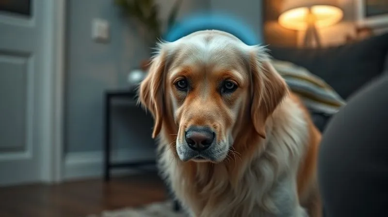 A photorealistic, professional photography, 8K, cinematic lighting, sharp focus, depth of field, shot on a high-end DSLR, depicting an elderly Golden Retriever looking confused and disoriented in a corner of a familiar living room, with a subtle, soft blue glow around its head to symbolize cognitive struggle. The scene is gentle but conveys a sense of loss and vulnerability. No text or logos.