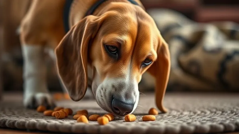 A photorealistic, professional photography, 8K, cinematic lighting, sharp focus, depth of field, shot on a high-end DSLR, depicting a joyful senior Beagle with a grey muzzle, nose to the ground, sniffing intently for hidden treats in a "snuffle mat" or a pile of blankets. The lighting is warm and inviting, highlighting the dog's concentration and happiness. No text or logos.