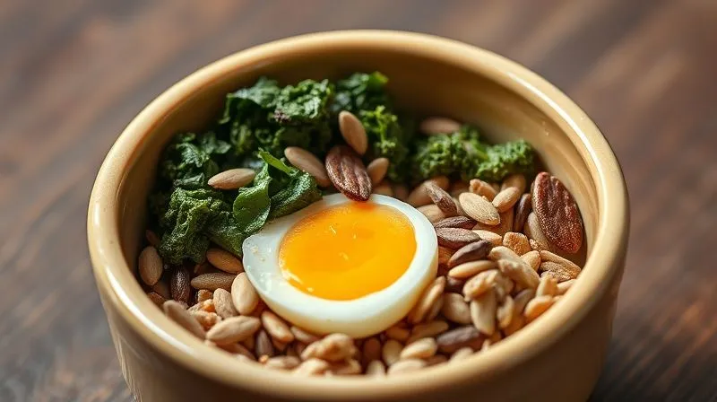 A photorealistic, professional photography, 8K, cinematic lighting, sharp focus, depth of field, shot on a high-end DSLR, featuring a small, clean ceramic bowl filled with a balanced, high-density diet for an elderly canary. The food includes finely chopped cooked egg, mashed dark leafy greens, a few moistened premium seeds, and a small amount of crumbled avian geriatric pellets. The scene is bright and highlights the nutritional richness of the food.