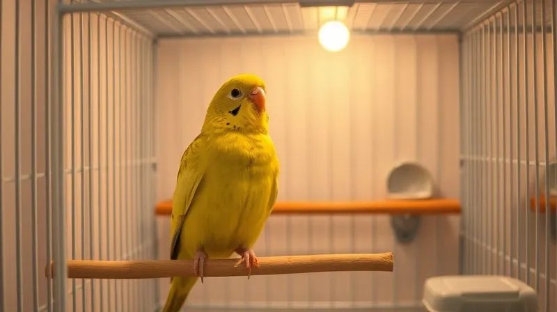 A photorealistic, professional photography, 8K, cinematic lighting, sharp focus, depth of field, shot on a high-end DSLR, showing a cozy, clean, and warm canary cage interior. There's a soft, diffused light source, comfortable low perches made of natural wood, and easily accessible food and water dishes. The overall impression is one of peace, safety, and comfort for an elderly bird.