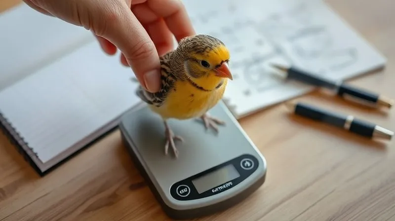 A photorealistic, professional photography, 8K, cinematic lighting, sharp focus, depth of field, shot on a high-end DSLR, showing a small, precise digital scale with an elderly canary gently being weighed. A hand is carefully stabilizing the bird, and in the background, a notebook with handwritten records and a pen is visible, symbolizing meticulous monitoring and care.