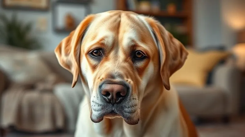 A photorealistic image of an elderly dog, possibly a Labrador, looking slightly disoriented but calm in a familiar living room setting, with soft, natural lighting. Sharp focus on the dog's gentle eyes, depth of field blurring the background. 8K hyper-detailed. A photorealistic image of an elderly dog, possibly a Labrador, looking slightly disoriented but calm in a familiar living room setting, with soft, natural lighting. Sharp focus on the dog's gentle eyes, depth of field blurring the background. 8K hyper-detailed.